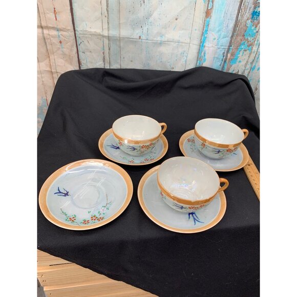 LusterWare Takito Ti Peach/ Blue 16PC Set* Japanese Hand Painted Set Birds Swall - Picture 8 of 14